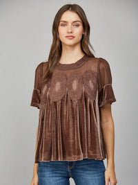 Velvet Romance Lace-Trim Babydoll Top - Chocolate Brown
