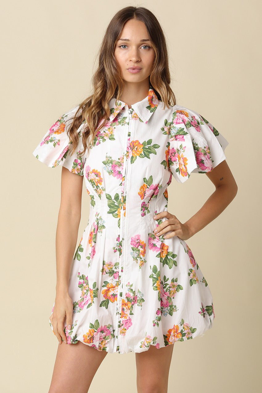 Elodie Floral Bubble Mini Dress- White/Pink Floral