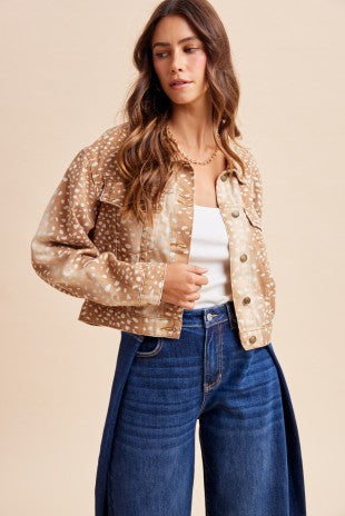 Into the Wild Deer-Print Cropped Denim Jacket