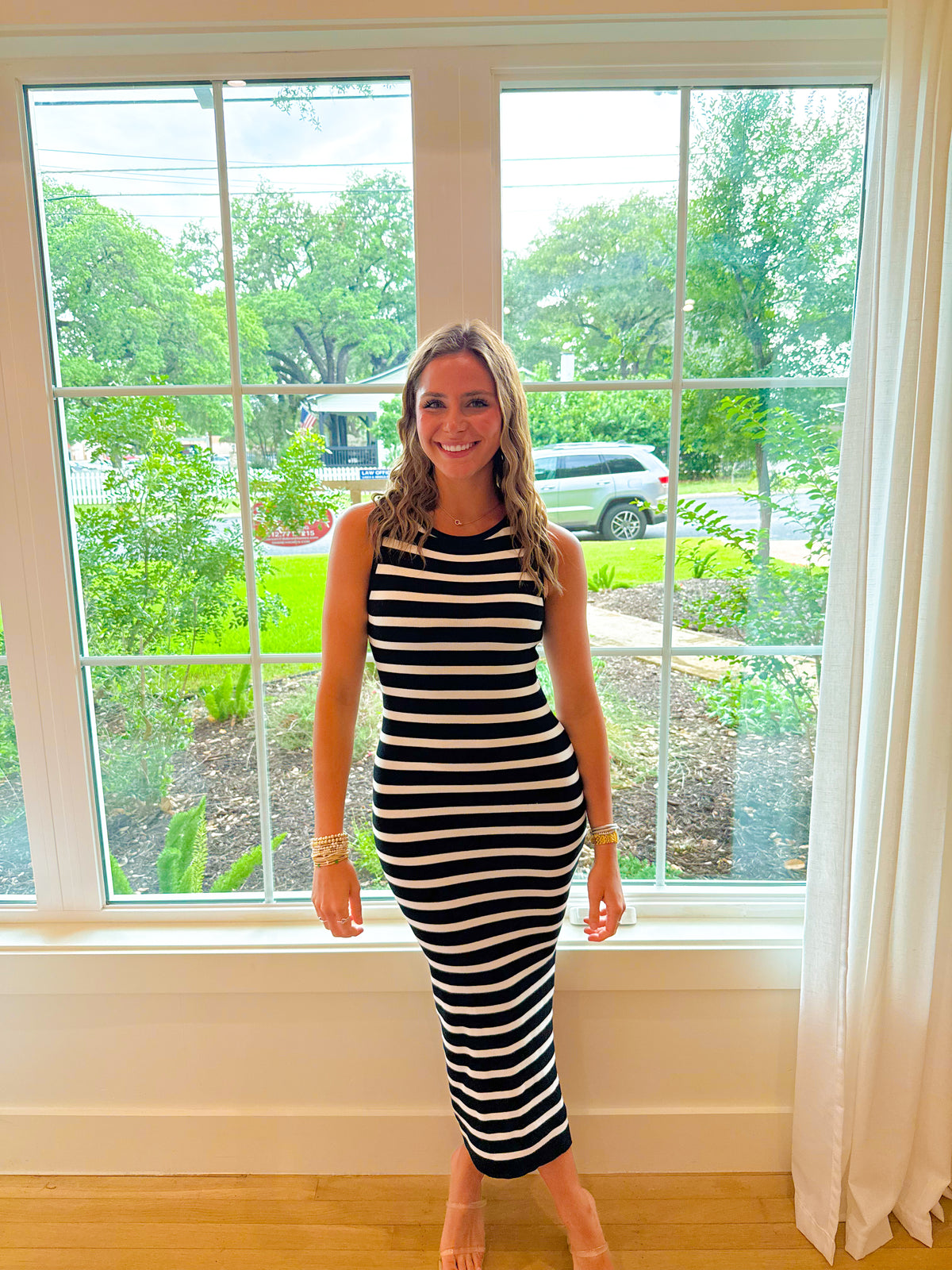 Isla Striped Midi Dress - Black/ White