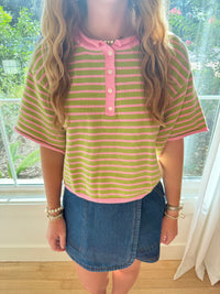 Weekend Striped Button Down Top - Green/Pink