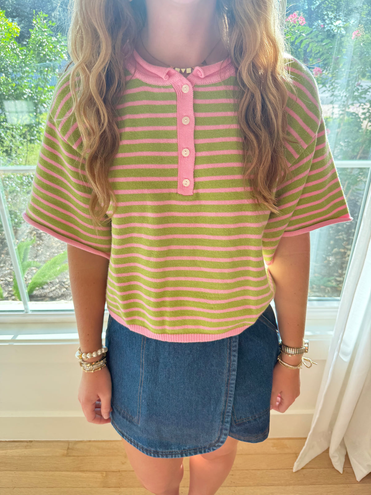 Weekend Striped Button Down Top - Green/Pink