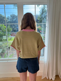 Weekend Striped Button Down Top - Green/Pink