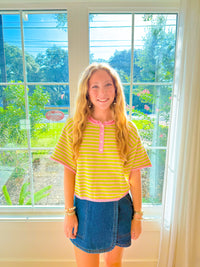 Weekend Striped Button Down Top - Green/Pink
