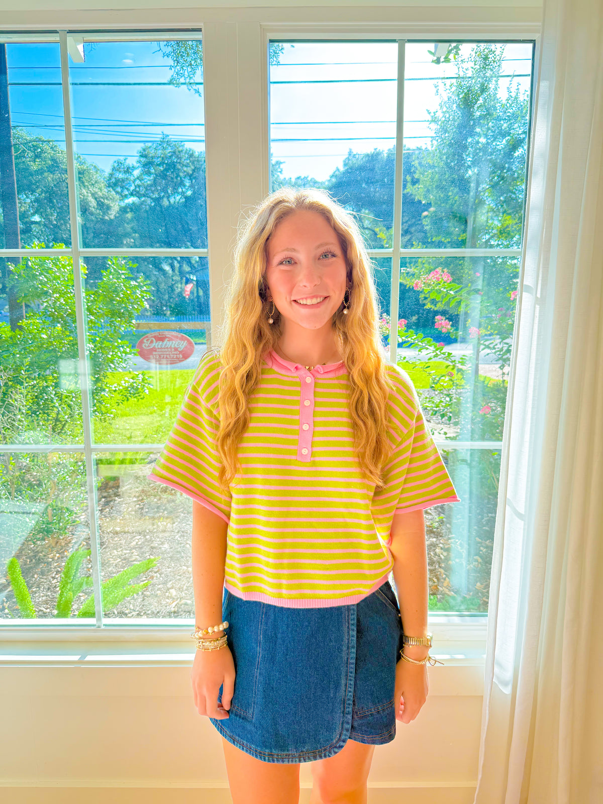 Weekend Striped Button Down Top - Green/Pink