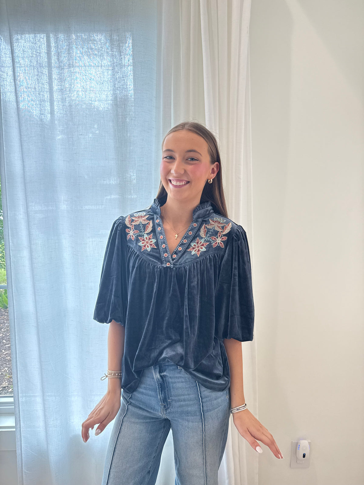 Midnight Bloom Velvet Embroidered Top – Charcoal