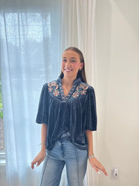 Midnight Bloom Velvet Embroidered Top – Charcoal