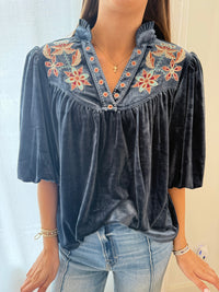 Midnight Bloom Velvet Embroidered Top – Charcoal