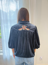 Midnight Bloom Velvet Embroidered Top – Charcoal