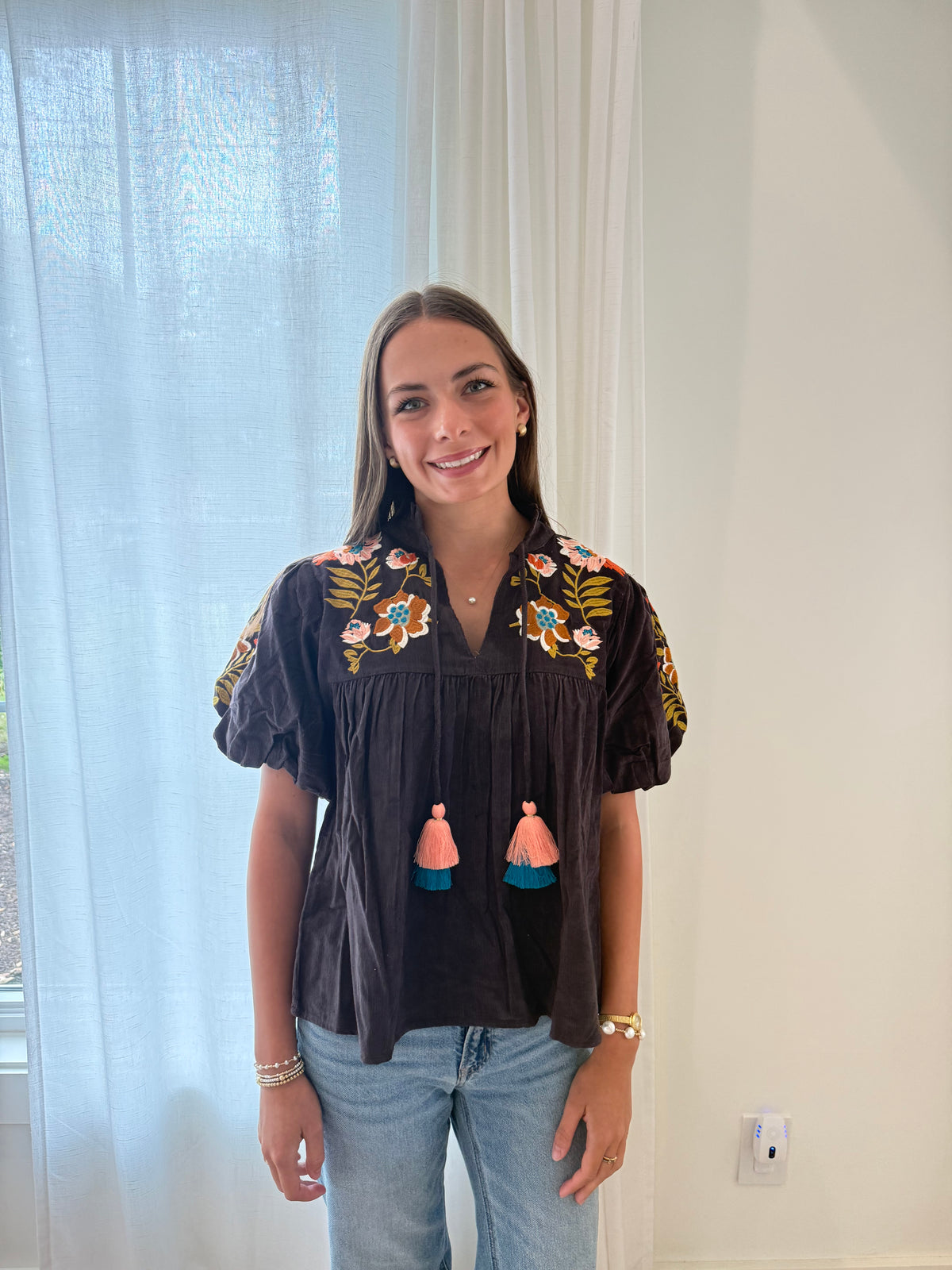 Cocoa Blossom Embroidered Tassel Tie Top
