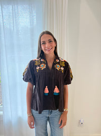 Cocoa Blossom Embroidered Tassel Tie Top