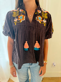 Cocoa Blossom Embroidered Tassel Tie Top
