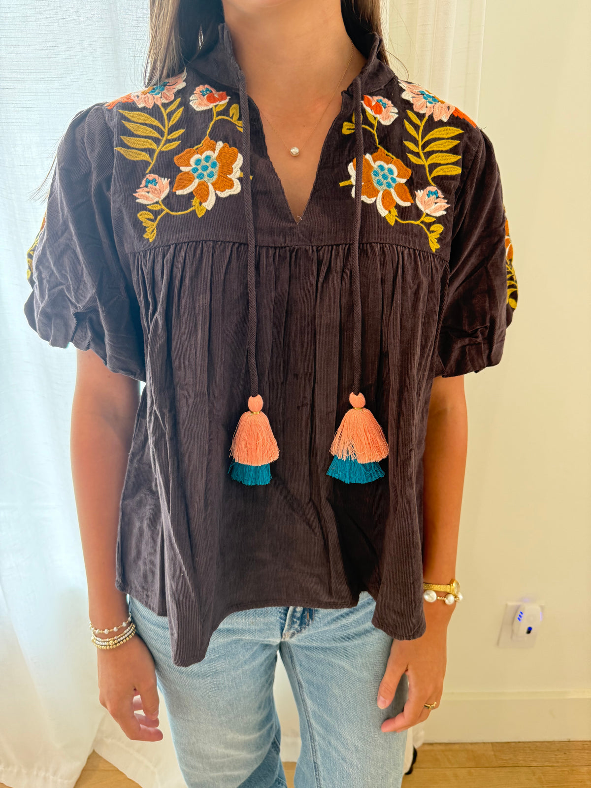 Cocoa Blossom Embroidered Tassel Tie Top
