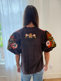 Cocoa Blossom Embroidered Tassel Tie Top