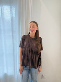 Velvet Romance Lace-Trim Babydoll Top - Chocolate Brown