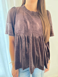 Velvet Romance Lace-Trim Babydoll Top - Chocolate Brown