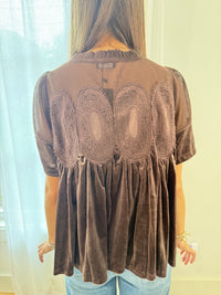 Velvet Romance Lace-Trim Babydoll Top - Chocolate Brown