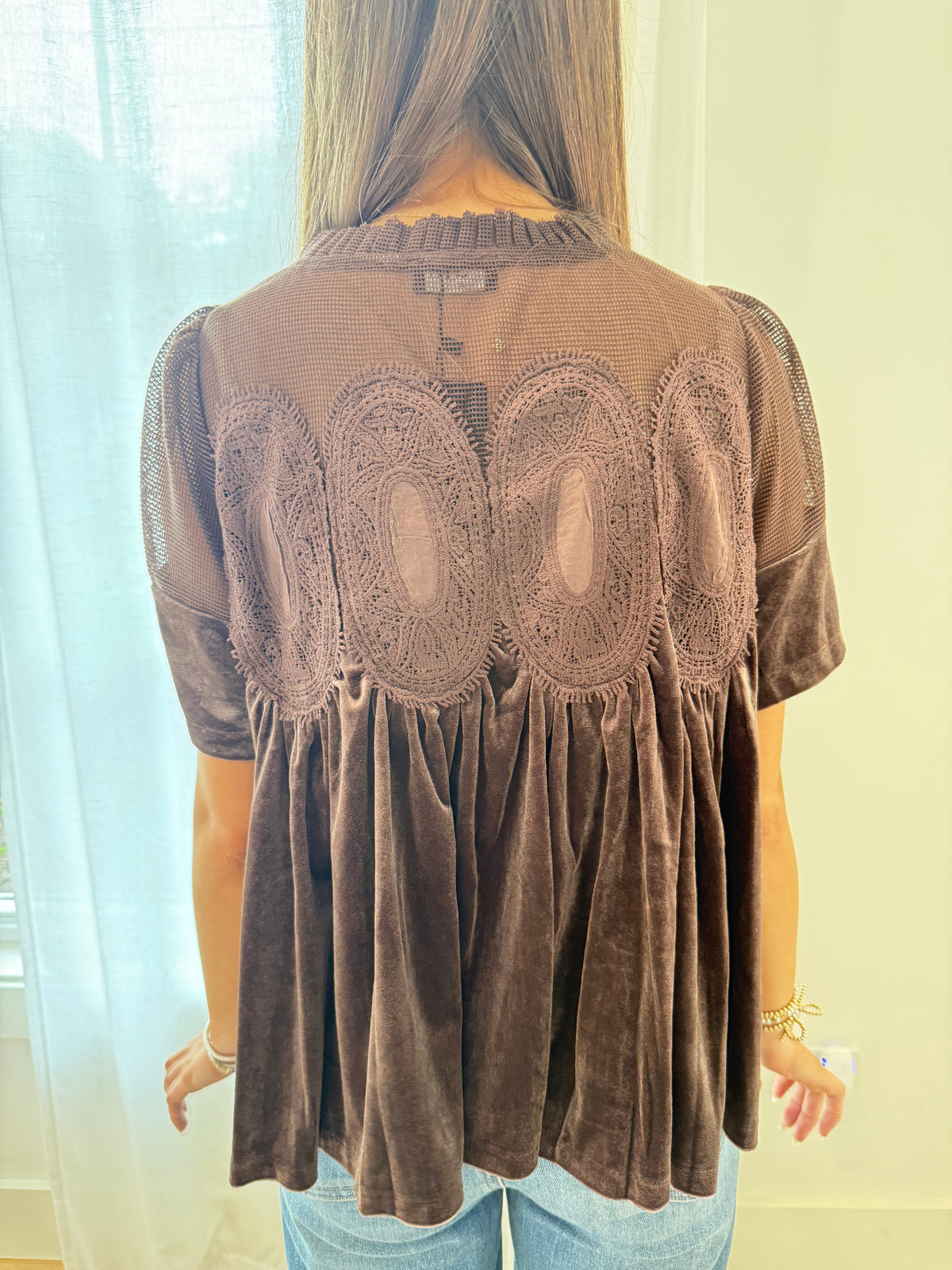 Velvet Romance Lace-Trim Babydoll Top - Chocolate Brown