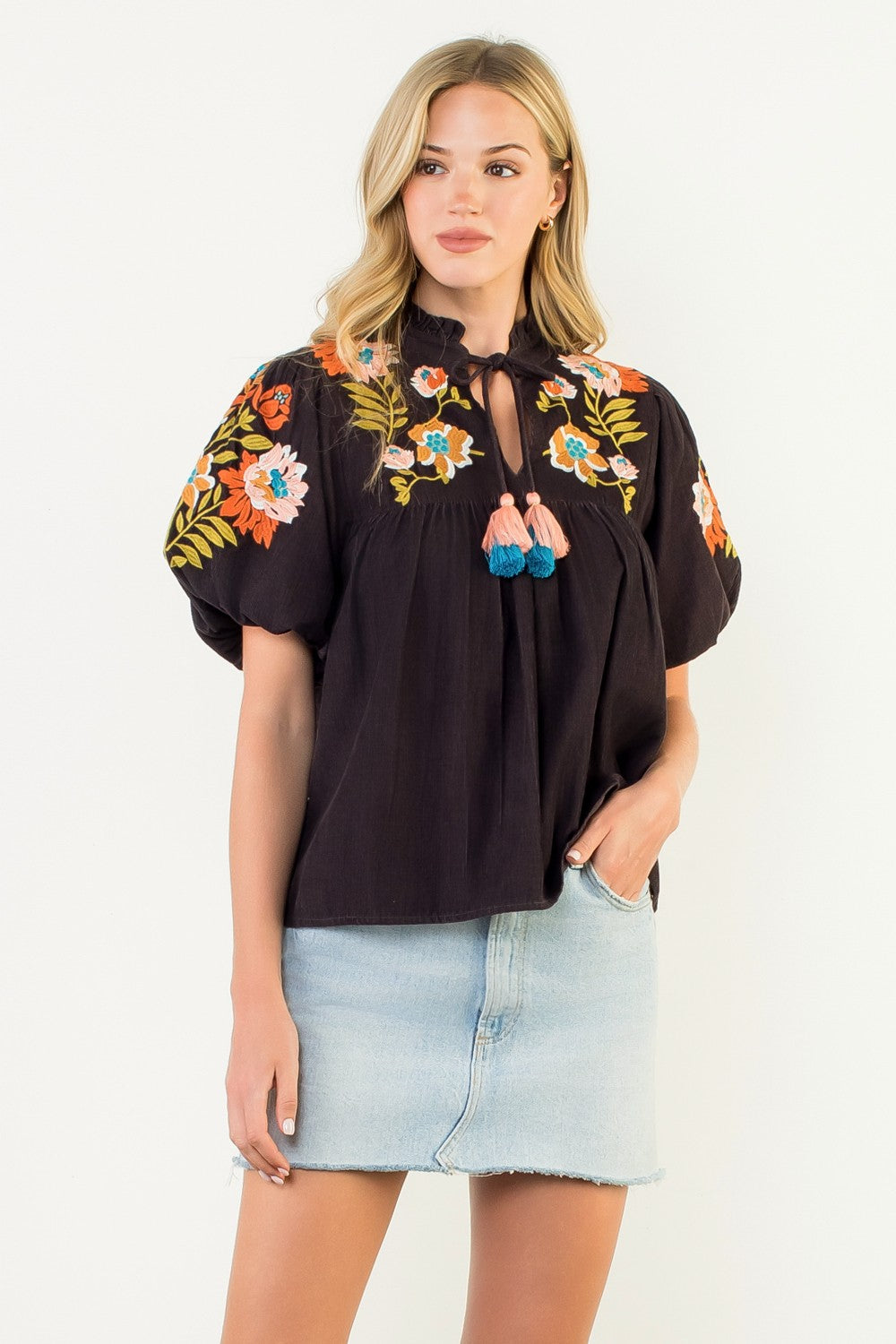 Cocoa Blossom Embroidered Tassel Tie Top